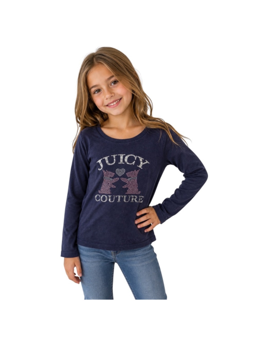 Juicy Couture Girls Navy Long Sleeve Rhinestone Logo Graphic Tee Shirt Size 6X